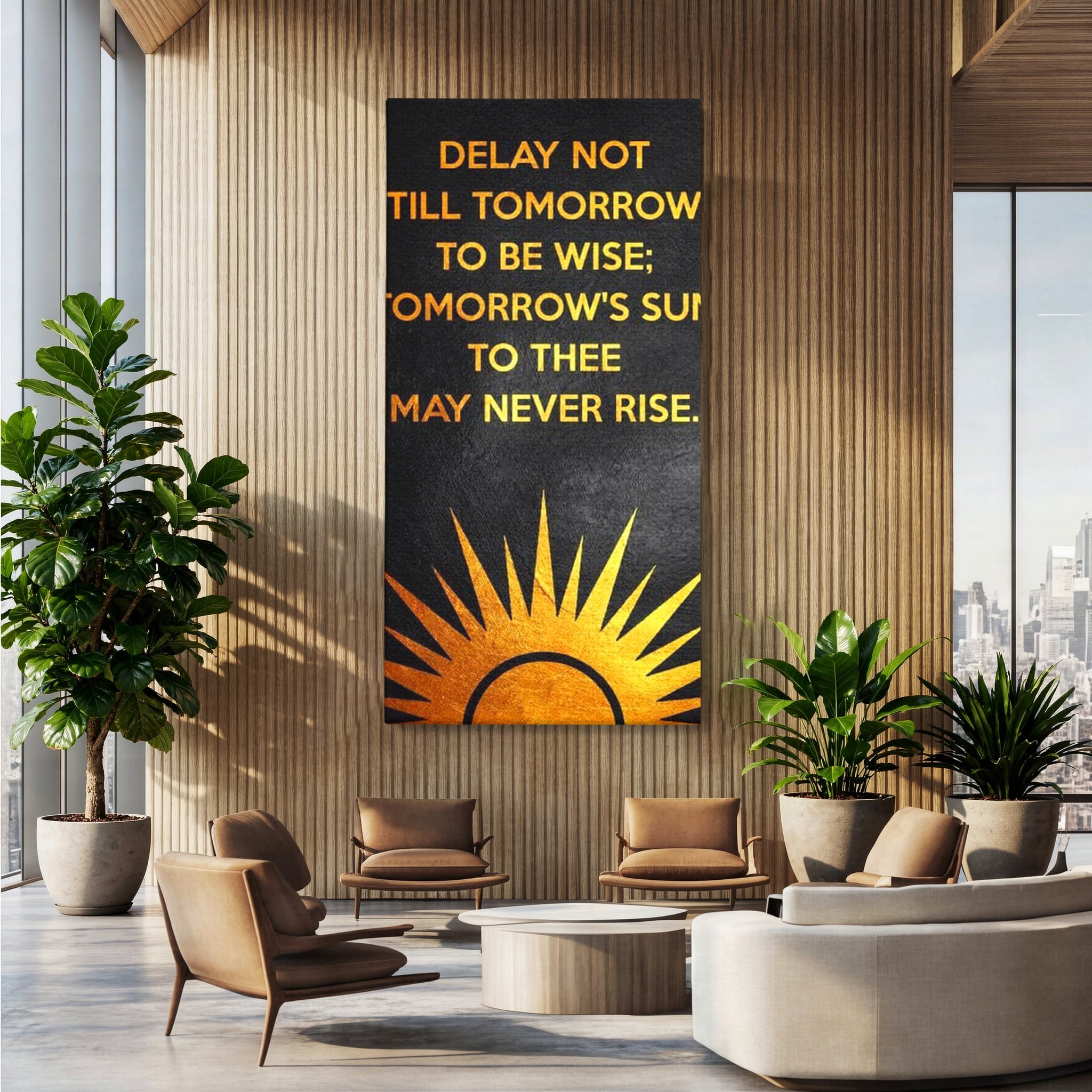 Tablou canvas cu tablou canvas motiv motivational negru si auriu, fara rama, pe sasiu de lemn, pe perete intr-un birou